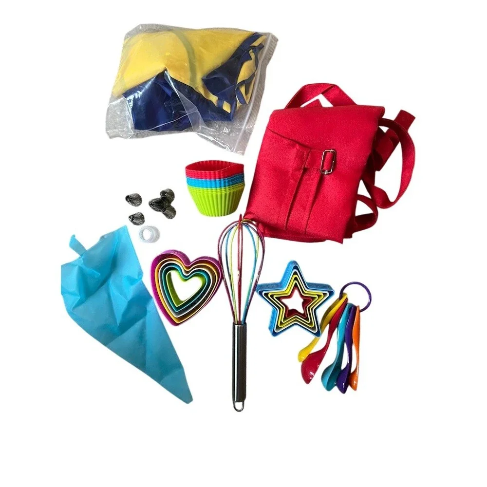 Kids Baking & Cooking Pretend Play Set Red Apron Chef Hat Whisk & Tools